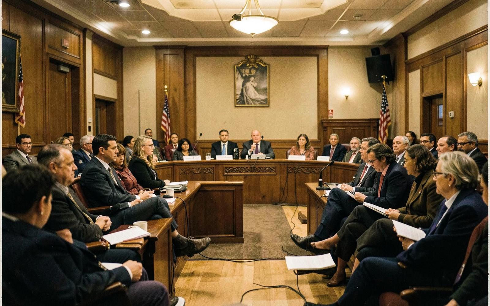 Residents and council members seated in a wood-paneled Minneapolis council chamber during a public hearing